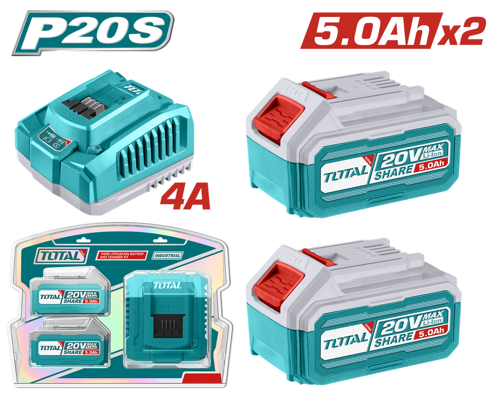 KIT DE 2 BATERIAS 5.0AH + CARGADOR DE 20V INDUSTRIAL TOTAL (UTFBCPK2513)