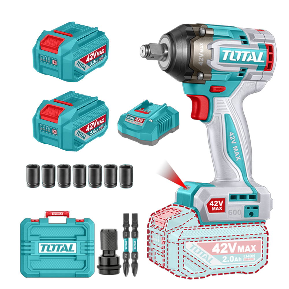 PISTOLA IMPACTO INALAMBRICA 1/2 42V 600 NM  INCLUYE 2 BATERIAS 1 CARGADOR COPAS , PUNTA DESTORNILLADOR Y ADAPTADOR INDUSTRIAL SUPER TOTAL(UTIWLI42602)