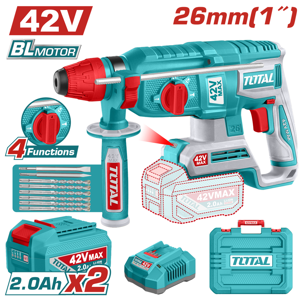 TALADRO ROTOMARTILLO SDS PLUS 42V  2.5 JULES INCLYE  2 BATERIAS 2.0 AH, 1 CARGADOR  Y ACCESORIOS INDUSTRIAL SUPER TOTAL (UTRHLI422682)