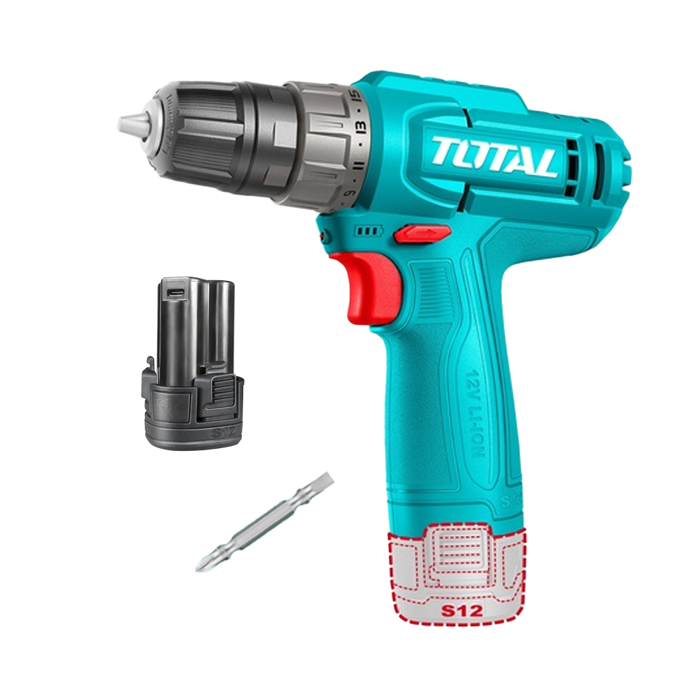 TALADRO INALAMBRICO 1/32/3/8" 12V 20NM INCLUYE 1 BATERIA 1.5AH, 1 PUNTA DESTORNILLADOR CARGA TIPO C SUPER TOTAL(TDLI12456)