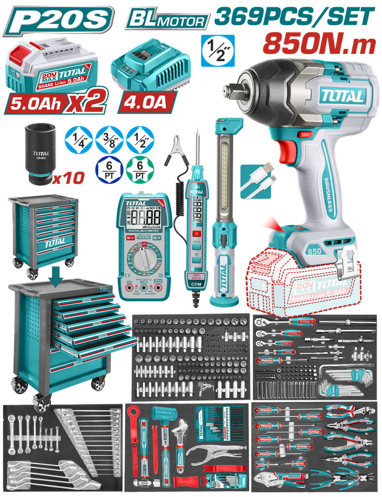 PISTOLA IMPACTO INALAMBRICA 1/2" 850 NM + 2 BATERIAS 5.0AH + CARGADOR + CAJA DE HERRAMIENTAS CON 365 ACCESORIOS INDUSTRIAL SUPER TOTAL (UTHPTCS83692)