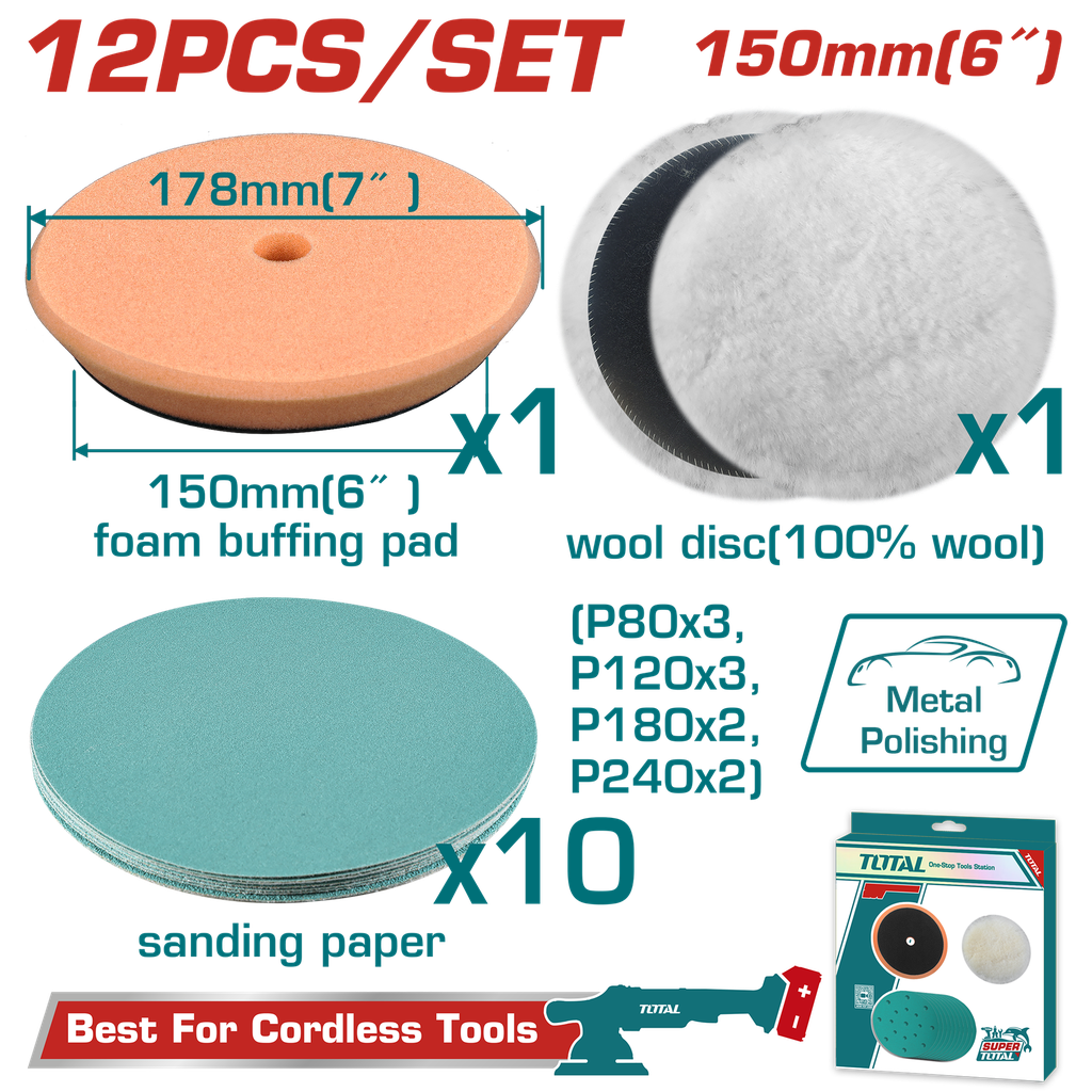 SET DE ALMOHADILLA PARA POLICHADORA 6" (LIJA-ALGODÓN-ESPUMA) X 12 PZS INDUSTRIAL TOTAL (TAC15012)