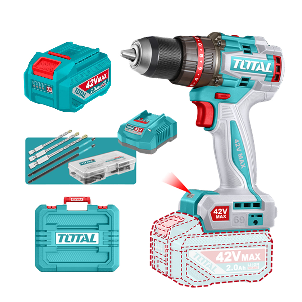 TALADRO INALAMBRICO PERCUTOR 1/2" 69 NM 42V CAJA PLASTICA INCLUYE 1  BATERIA 42V, 1 CARGADOR Y ACCESORIOS INDUSTRIAL SUPER TOTAL (UTIDLI426981)