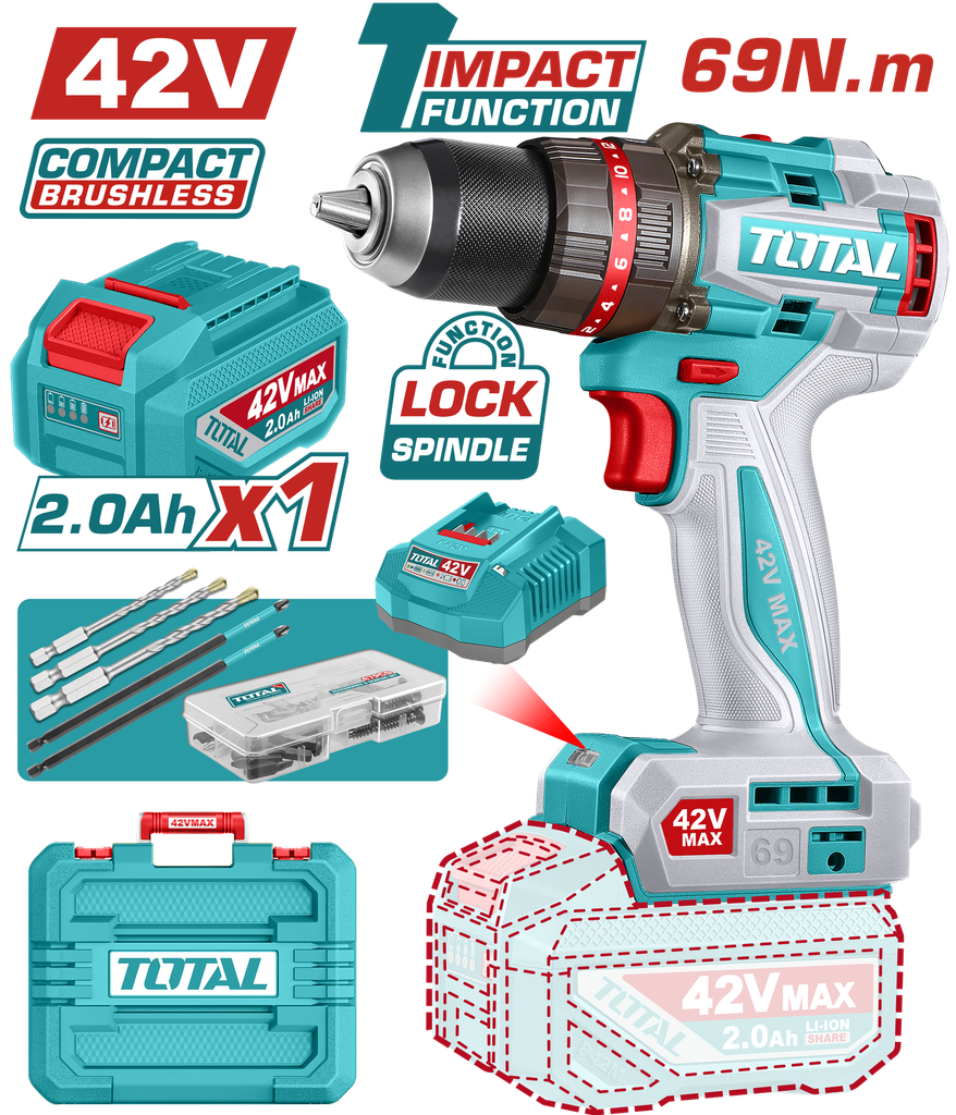 TALADRO INALAMBRICO PERCUTOR 1/2" 69NM 42V CAJA PLASTICA INCLUYE 1  BATERIA 42V, 1 CARGADOR Y ACCESORIOS INDUSTRIAL SUPER TOTAL (UTIDLI426981)
