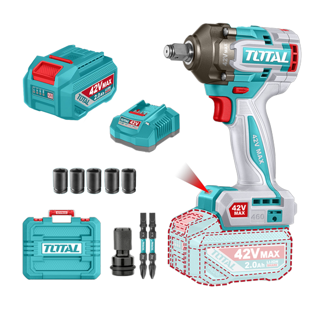 PISTOLA IMPACTO INALAMBRICA  1/2" 460 NM CAJA PLASTICA INCLUYE 1 BATERIA 42V, 1 CARGADOR Y ACCESORIOS SUPER TOTAL INDUSTRIAL (UTIWLI42461)