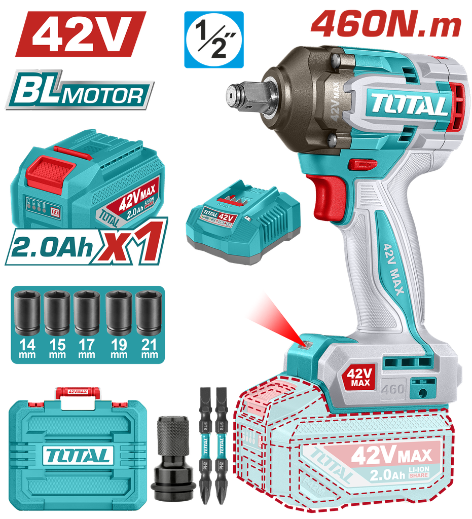 PISTOLA IMPACTO INALAMBRICA  1/2" 460 NM CAJA PLASTICA INCLUYE 1 BATERIA 42V, 1 CARGADOR Y ACCESORIOS SUPER TOTAL INDUSTRIAL (UTIWLI42461)