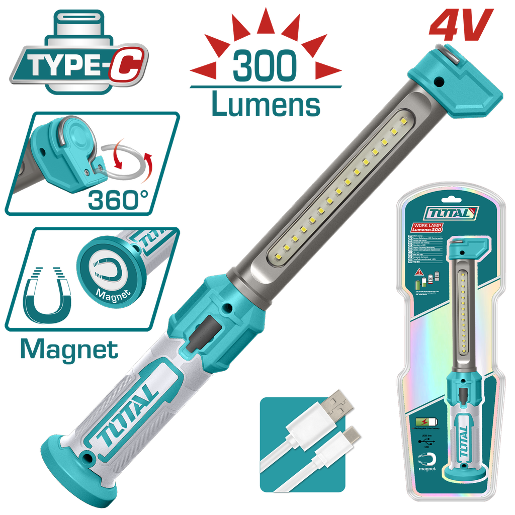 LAMPARA DE TRABAJO 300 LUMENES RECARGABLE  SUPER  TOTAL (TWLI043006)