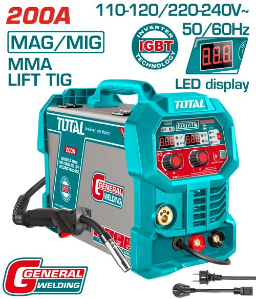 SOLDADOR INVERSOR DIGITAL 200A (MMA-MIG-MAG-LIFT TIG-) 110-220V INDUSTRIAL SUPER TOTAL  (UTW225069UTMGT20058)