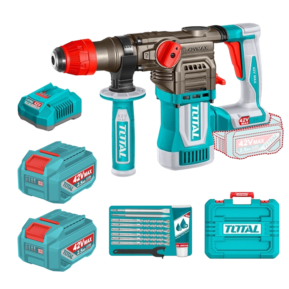 TALADRO ROTOMARTILLO 1-1/8" SDS PLUS 42V 4.5 JULES INCLYE  2 BATERIAS 2.5 AH, 1 CARGADOR  Y ACCESORIOS INDUSTRIAL SUPER TOTAL (UTRHLI422882)