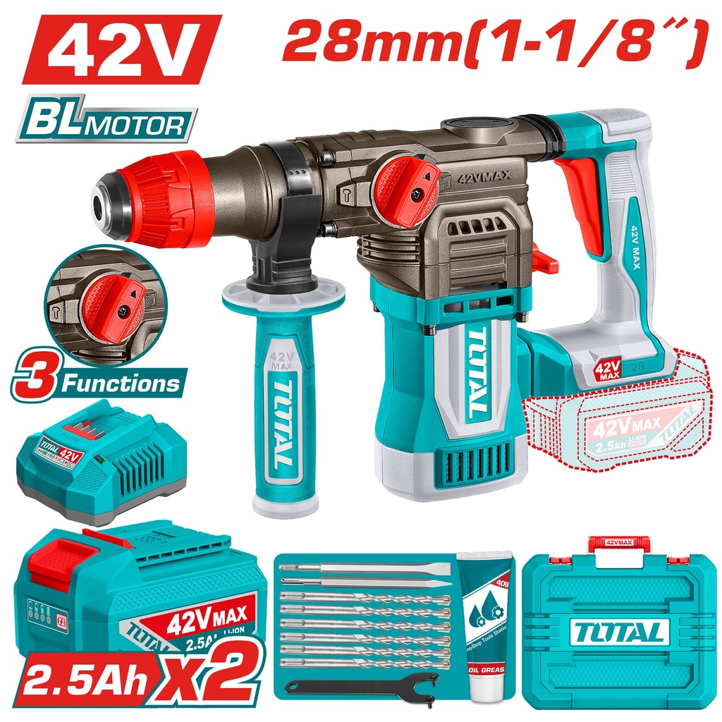 TALADRO ROTOMARTILLO 1-1/8" SDS PLUS 42V 4.5 JULES INCLYE  2 BATERIAS 2.5 AH, 1 CARGADOR  Y ACCESORIOS INDUSTRIAL SUPER TOTAL (UTRHLI422882)