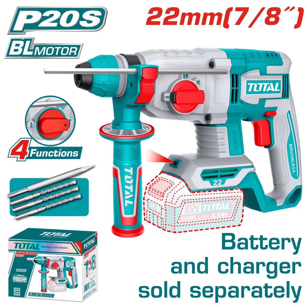TALADRO ROTOMARTILLO SDS PLUS 7/8" 20V 4.5 JULES INCLUYE ACCESORIOS BATERIA Y CARGADOR NO INCLUIDO INDUSTRIAL SUPER TOTAL (TRHLI21228)