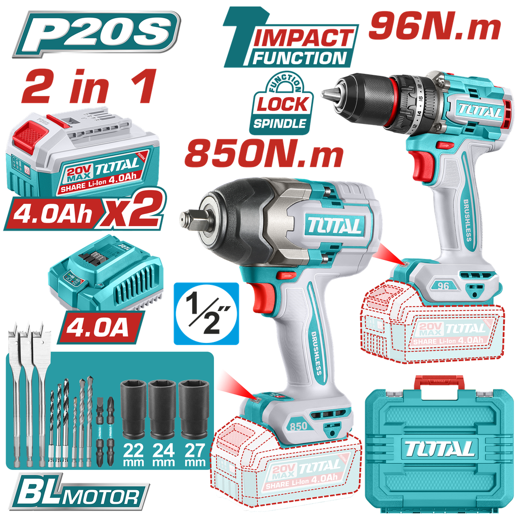 COMBO INALAMBRICO TALADRO 1/2" 96 N.M + PISTOLA DE IMPACTO 1/2" 20V 850 N.M INCLUYE 2 BATERIA 4.0AH , 1 CARGADOR Y ACCESORIOS INDUSTRIAL SUPER TOTAL (UTOSLI250586)