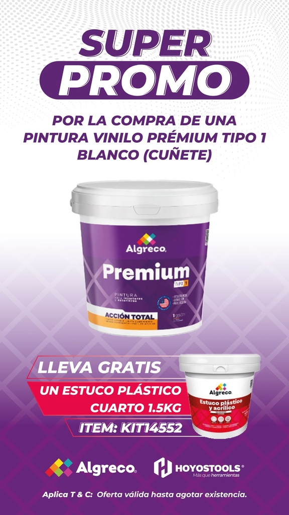 KIT PINTURA VINILO PREMIUM TIPO 1 BLANCO CUNETE (99400105) (ALGRECO) 1 UD + GRATIS ITEM 16052A ESTUCO PLASTICO CUARTO 1.5KG (96300114) 1 UD