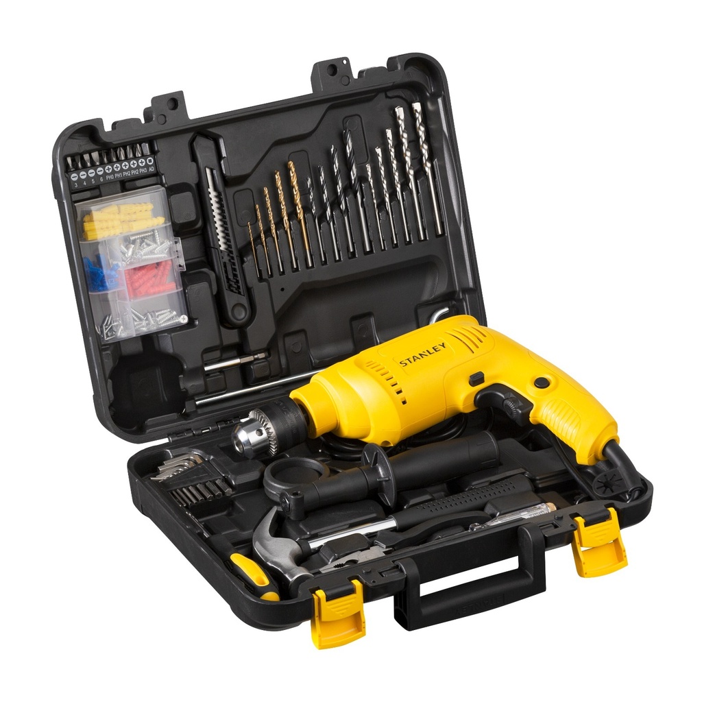 TALADRO PERCUTOR STANLEY 1/2" 600W V.V R. + 119 ACCESORIOS + CAJA PLASTICA (SDH600KP-B3)
