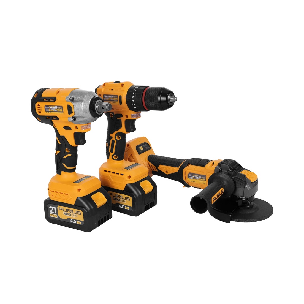 COMBO FURIUS TALADRO PERCUTOR INALAMBRICO 1/2" 21 V + PULIDORA INALAMBRICA 4 1/2" 21V +PISTOLA DE IMPACTO INALAMBRICA 1/2" 21V  (FB213KIT)