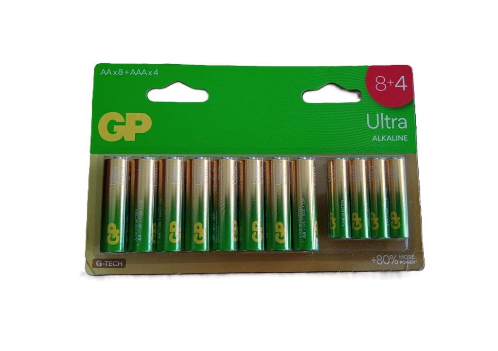 PILA ALKALINA GP ULTRA BLISTER X 12 (8 PILAS AA 1.5V + 4 PILAS AAA 1.5V) (GP15/24AU-C12)