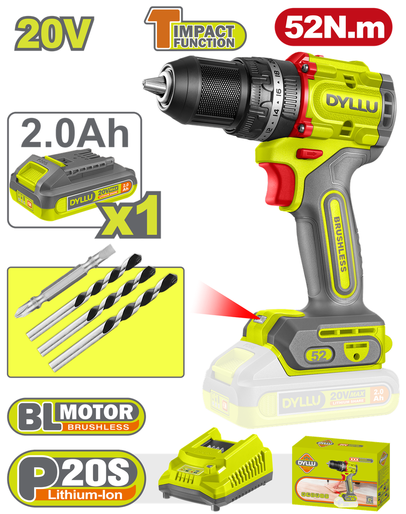 TALADRO INALAMBRICO PERCUTOR 1/2" 52 NM 20V CAJA PLASTICA INCLUYE 1 BATERIAS 20V, 1 CARGADOR Y ACCESORIOS DYLLU (UDTCDP5282)