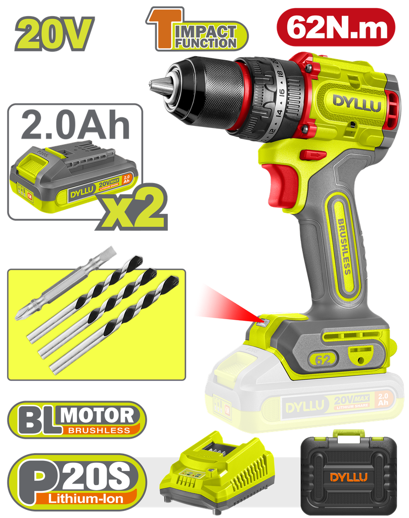 TALADRO INALAMBRICO PERCUTOR 1/2" 62 NM 20V CAJA PLASTICA INCLUYE 2 BATERIAS 20V, 1 CARGADOR Y ACCESORIOS DYLLU (UDTCDP6281)