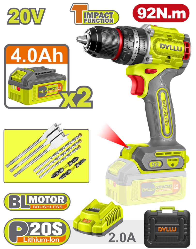 TALADRO INALAMBRICO PERCUTOR 1/2" 92 NM 20V CAJA PLASTICA INCLUYE 2 BATERIAS 20V (4.0AH), 1 CARGADOR Y ACCESORIOS DYLLU (UDTCDP9281)