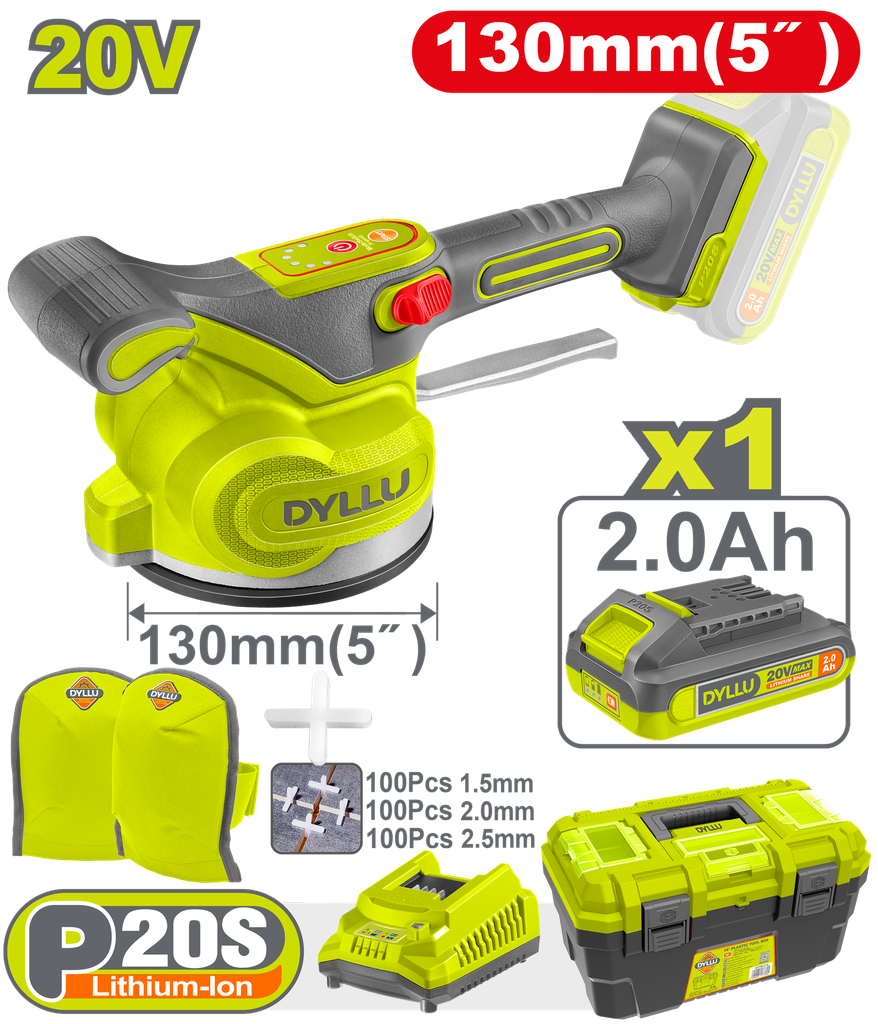 VIBRADOR DE BALDOSA INALAMBRICA 20V CON VENTOSA CAP 50KG INCLUYE 1 PAR DE RODILLERAS,  SEPARADORES DE BALDOSA (1.5-2.0-2.5), 1 BATERIA 2.0AH , CARGADOR Y CAJA HERRAMIENTA INDUSTRIAL DYLLU (UDTTVM1D125)