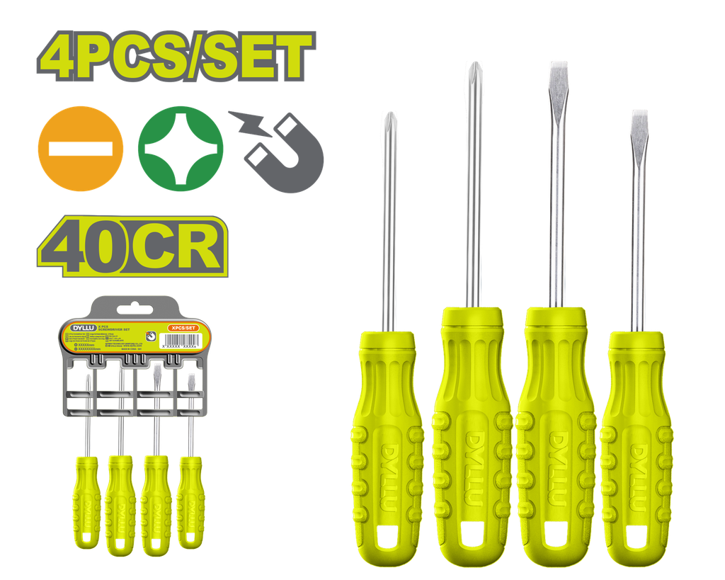 JUEGO DESTORNILLADORES X 4 PZS 1/4X4" PUNTA IMANTADA DYLLU (DTSS2204)