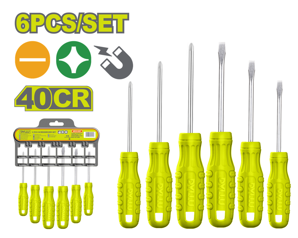 JUEGO DESTORNILLADORES X 6 PZS 3/16X4" PUNTA IMANTADA DYLLU (DTSS2206)