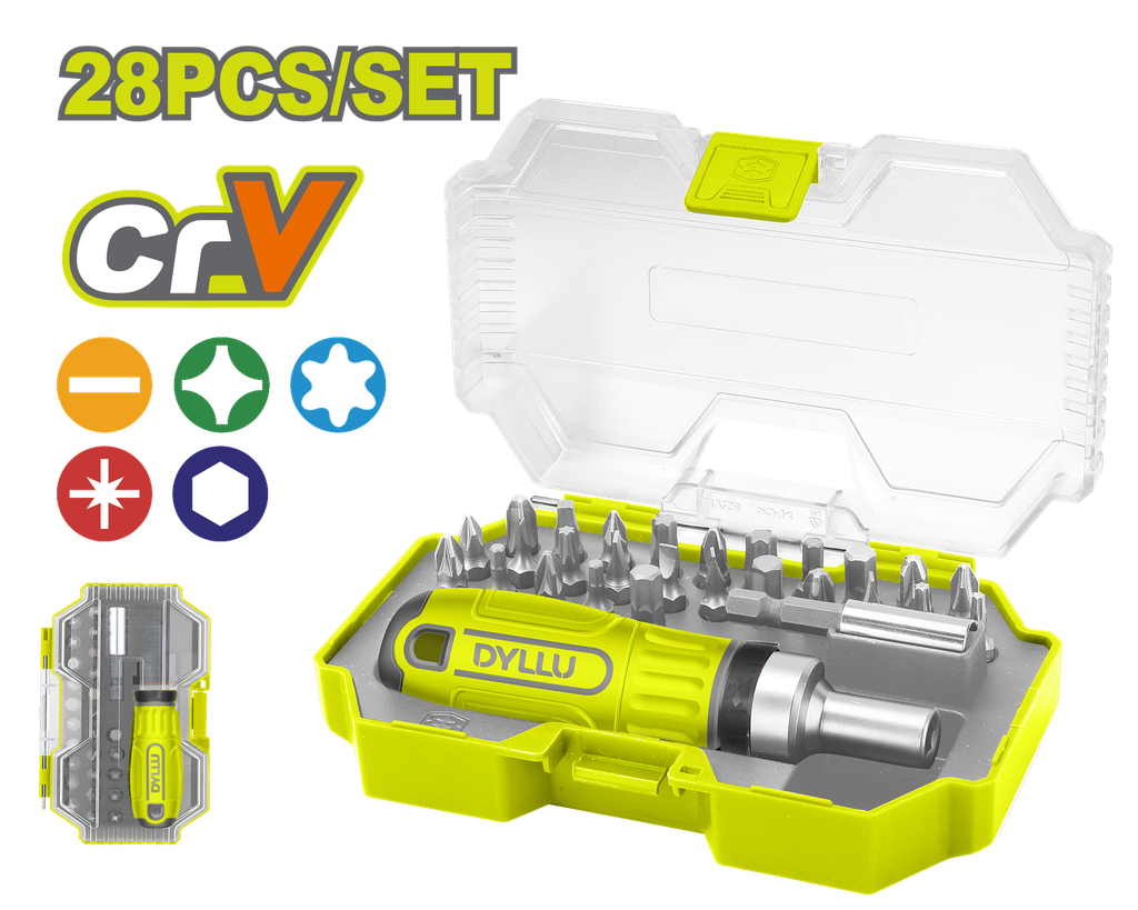 JUEGO DE DESTORNILLADORES PUNTAS INTERCAMBIABLES X 28 PZS DYLLU (DTSS8B28)