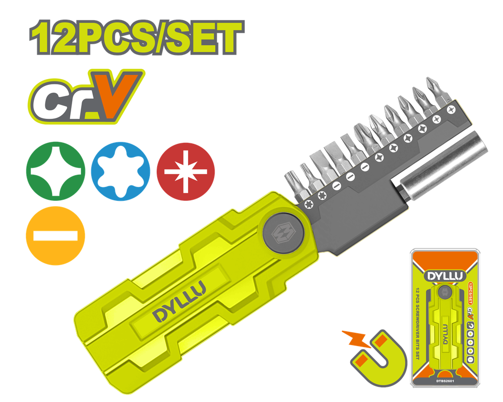 JUEGO DE DESTORNILLADORES PUNTAS INTERCAMBIABLES X 12 PZS DYLLU (DTBS2601)
