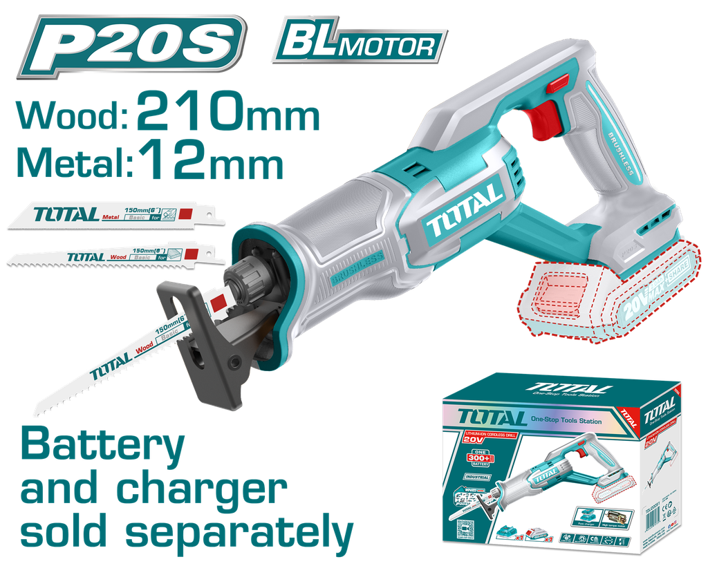 SIERRA SABLE INALAMBRICA 20V  (CAPACIDAD DE CORTE METAL:12MM-MADERA 210MM) INCLUYE DOS SEGUETAS, BATERIA Y CARGADOR SE VENDEN POR SEPARADO INDUSTRIAL SUPER TOTAL  (TRSLI2108)