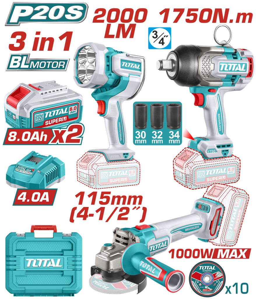 COMBO INALAMBRICO 20V PISTOLA IMPACTO INALAMBRICA 3/4 1750 NM + PULIDORA 4 1/2 1000W + LAMPARA DE TRABAJO 2000 LM + 2 BATERIAS 8.0AH + CARGADOR 4.0AH Y ACCESORIOS INDUSTRIAL SUPER TOTAL (UTOSLI250593)