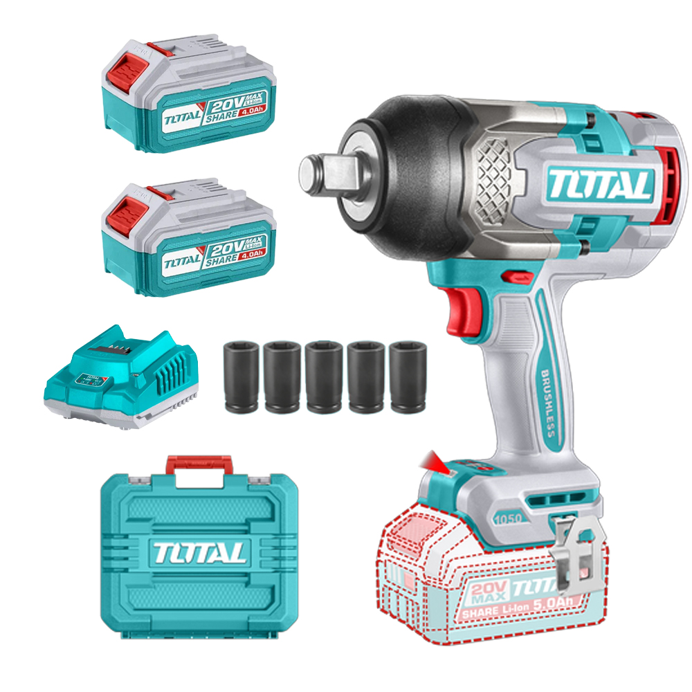PISTOLA IMPACTO INALAMBRICA 3/4 20V 1050 NM INCLUYE 2 BATERIAS 5.0AH + CARGADOR Y  5 COPAS 24,27,30,32,33 MM,  INDUSTRIAL SUPER TOTAL (UTIWLI20105)