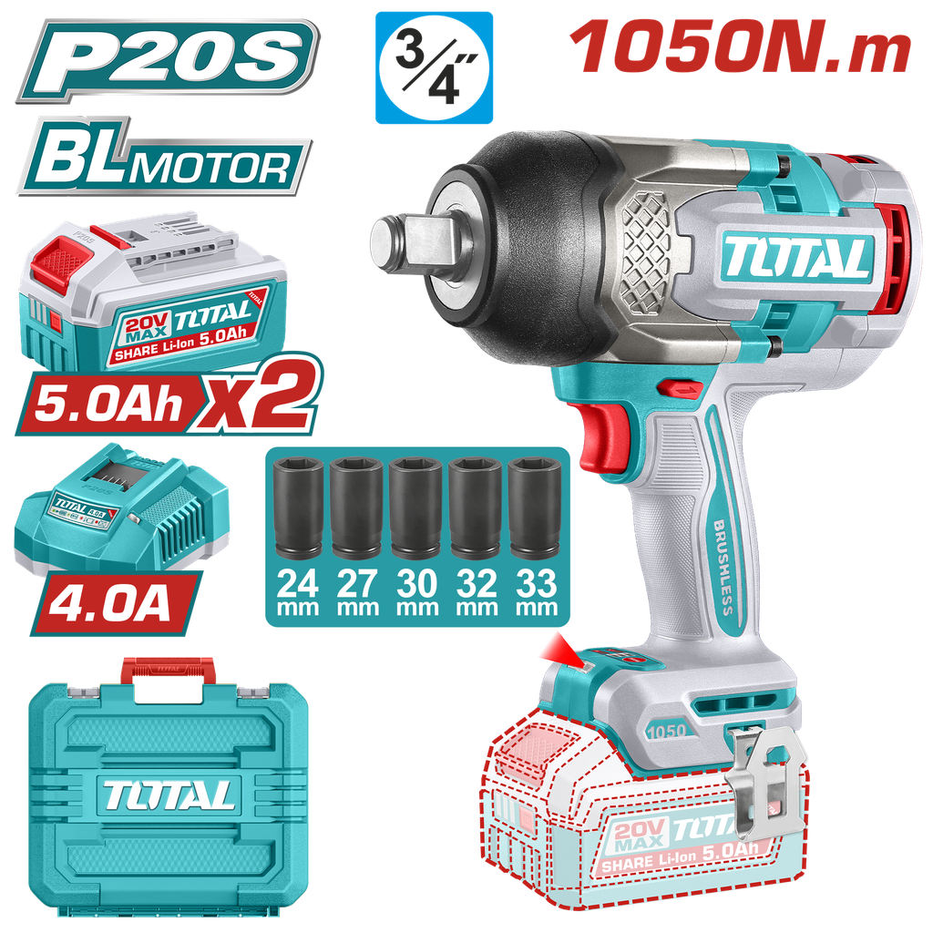 PISTOLA IMPACTO INALAMBRICA 3/4 20V 1050 NM INCLUYE 2 BATERIAS 5.0AH + CARGADOR Y  5 COPAS 24,27,30,32,33 MM,  INDUSTRIAL SUPER TOTAL (UTIWLI20105)