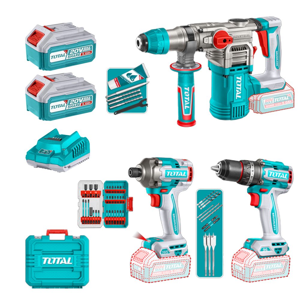 COMBO INALAMBRICO  20V  TALADRO  PERCUTOR 1/2" 66 NM  + PISTOLA DE IMPACTO 1/4" 285 NM + TALADRO ROTOMARTILLO SDS PLUS  4.5 JULES  INCLUYE 2 BATERIA 5.0AH , 1 CARGADOR Y ACCESORIOS  INDUSTRIAL  SUPER TOTAL (UTOSLI250693)