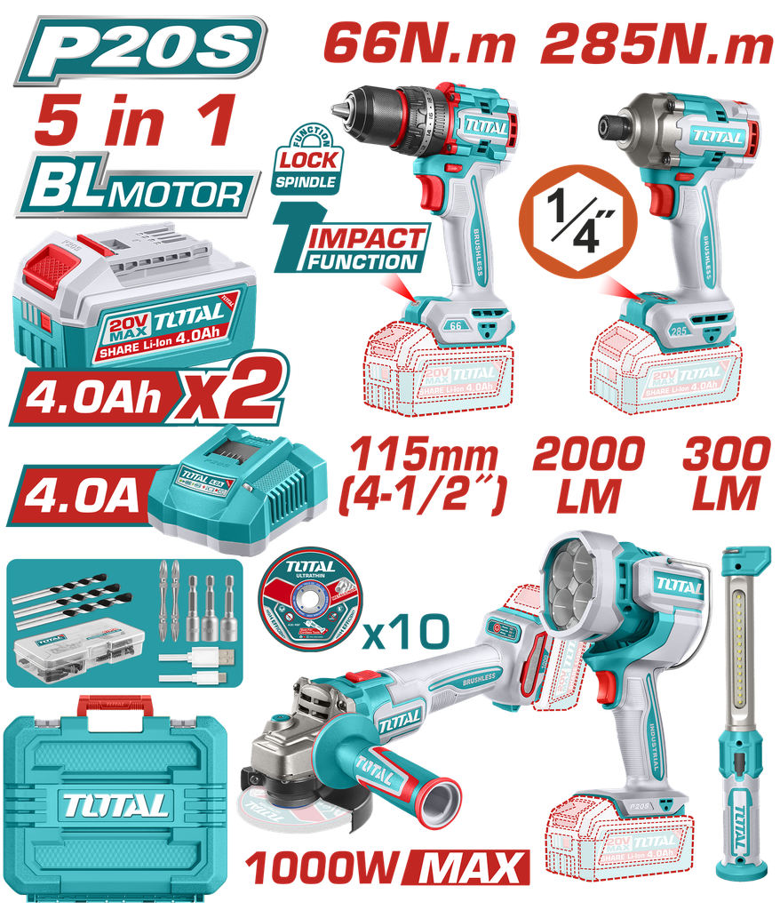 COMBO INALAMBRICO  20V  TALADRO  PERCUTOR 1/2" 66 NM  + PISTOLA DE IMPACTO 1/4" 285 NM + TALADRO ROTOMARTILLO SDS PLUS  4.5 JULES  INCLUYE 2 BATERIA 5.0AH , 1 CARGADOR Y ACCESORIOS  INDUSTRIAL  SUPER TOTAL (UTOSLI250693)
