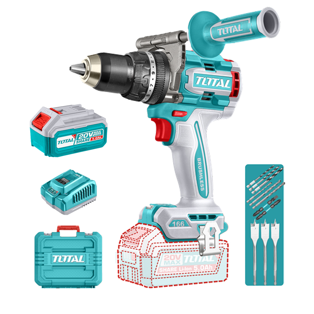 TALADRO DE IMPACTO INALAMBRICO 1/2 20V INCLUYE 2 BATERIA DE 5.0AH, CARGADOR, MANGO AUXILIAR Y 11 ACCESORIOS SUPER  TOTAL (UTIDLI201668)