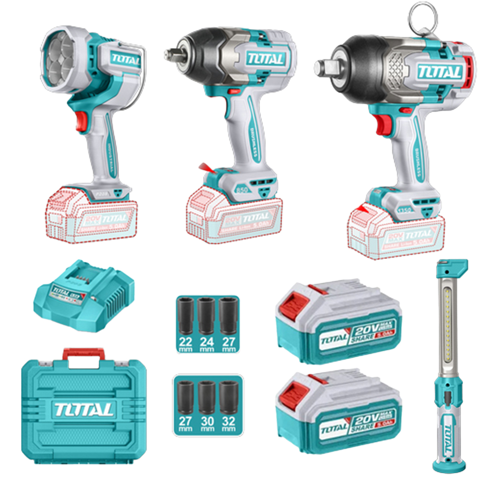 COMBO INALAMBRICO 20V TISTOLA IMPACTO INALAMBRICA 3/4 1350 NM + PISTOLA IMPACTO INALAMBRICA 1/2 850 NM+LAMPARA DE TRABAJO  2000 LM + LAMPARA DE TRABAJO 300 LM  INCLUYE 2 BATERIAS 5.0AH , CARGADOR Y ACCESORRIOS INDUSTRIAL SUPER TOTAL (UTOSLI250782)