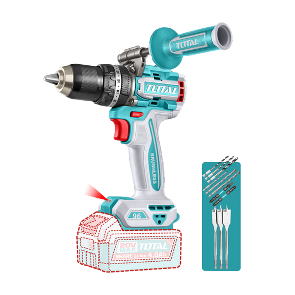 TALADRO DE IMPACTO INALAMBRICO 1/2 20V INCLUYE MANGO AUXILIAR Y 11 ACCESORIOS, BATERIA  CARGADOR SE VENDE POR SEPARADO, INDUSTRIAL SUPER  TOTAL (TIDLI209685)