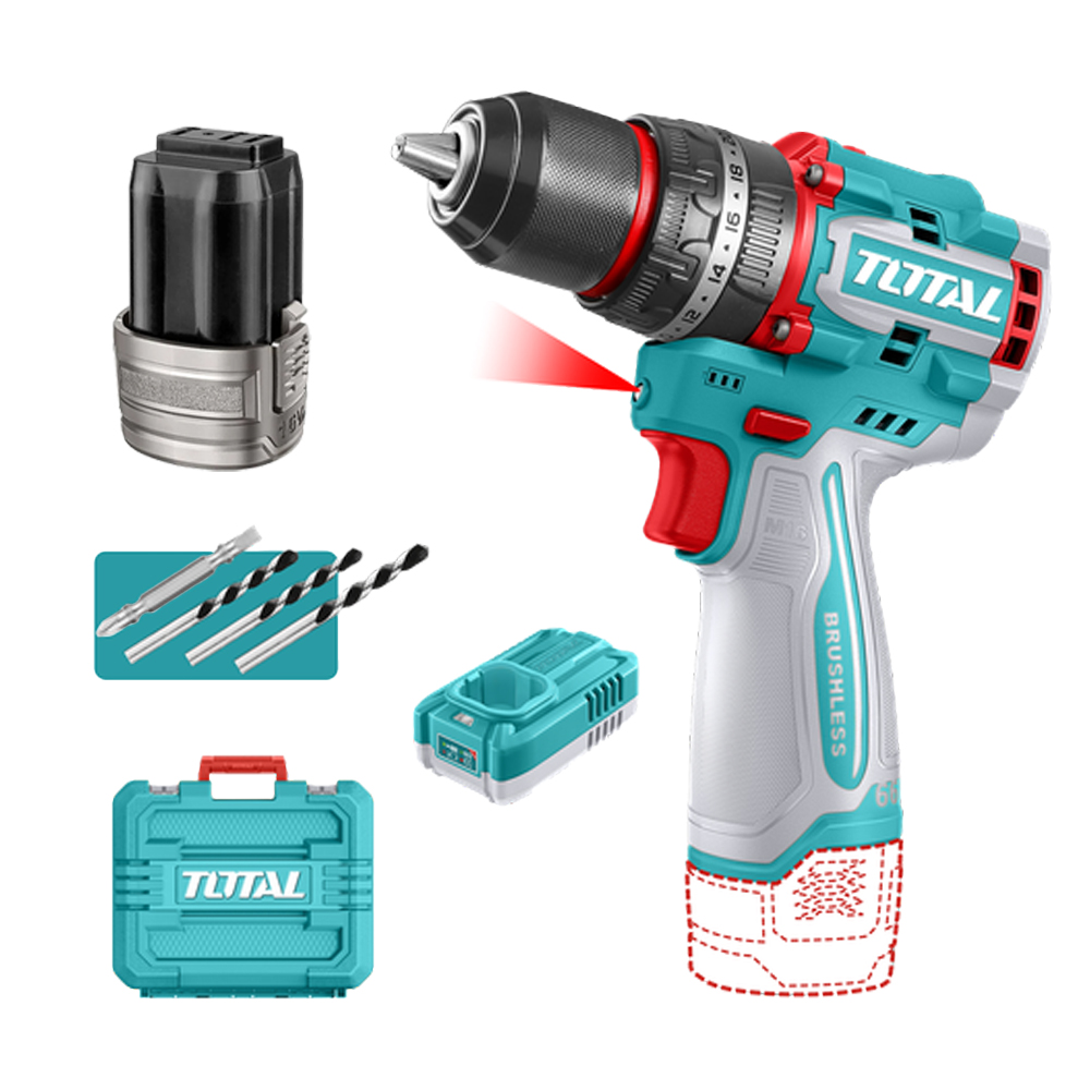 TALADRO INALAMBRICO PERCUTOR 1/2 16V 66NM INCLUYE 2 BATERIAS 2,0AH, CARGADOR Y ACCESORIOS  INDUSTRIAL SUPER TOTAL (UTIDLI166062)