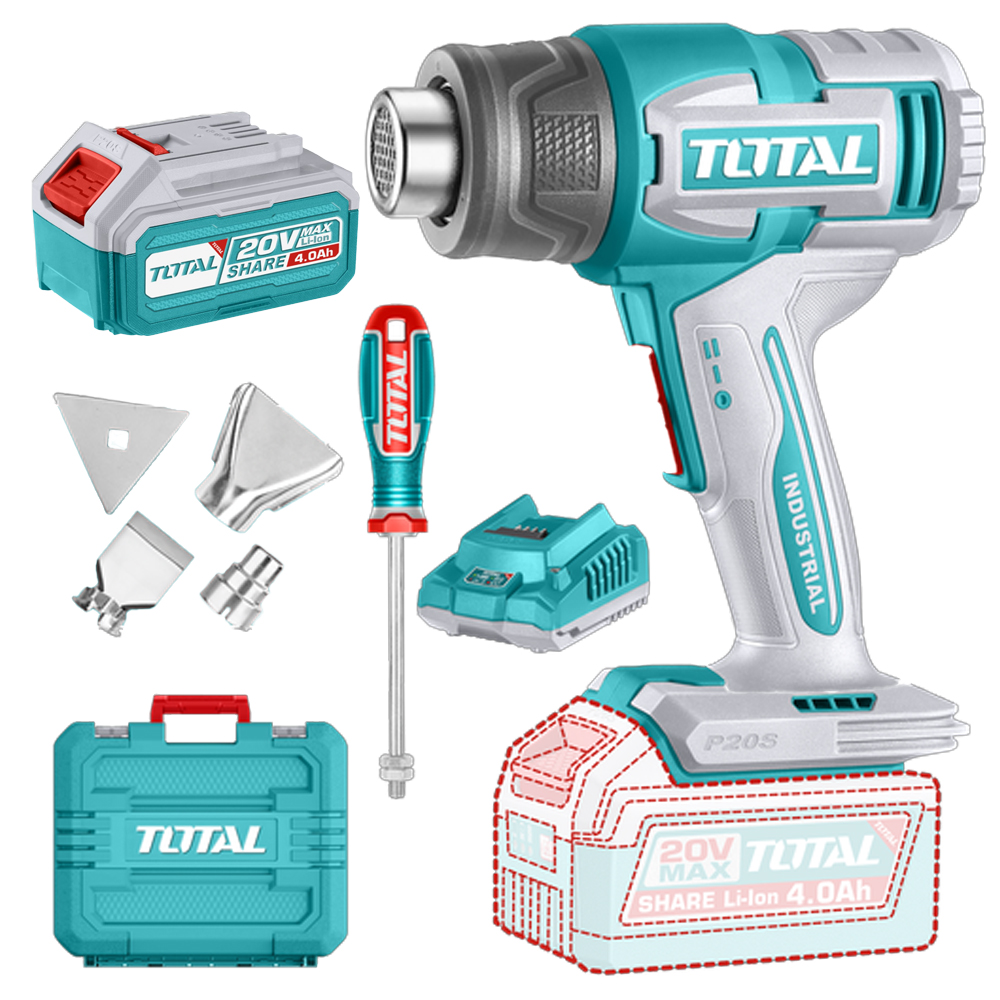 PISTOLA CALOR INALAMBRICA  20V CON TEMPERATURA AJUSTABLE  INCLUYE 4 BOQUILLAS 1 BATERIA 4.0AH Y 1 CARGADOR INDUSTRIAL SUPER TOTAL (UTBLI20065)