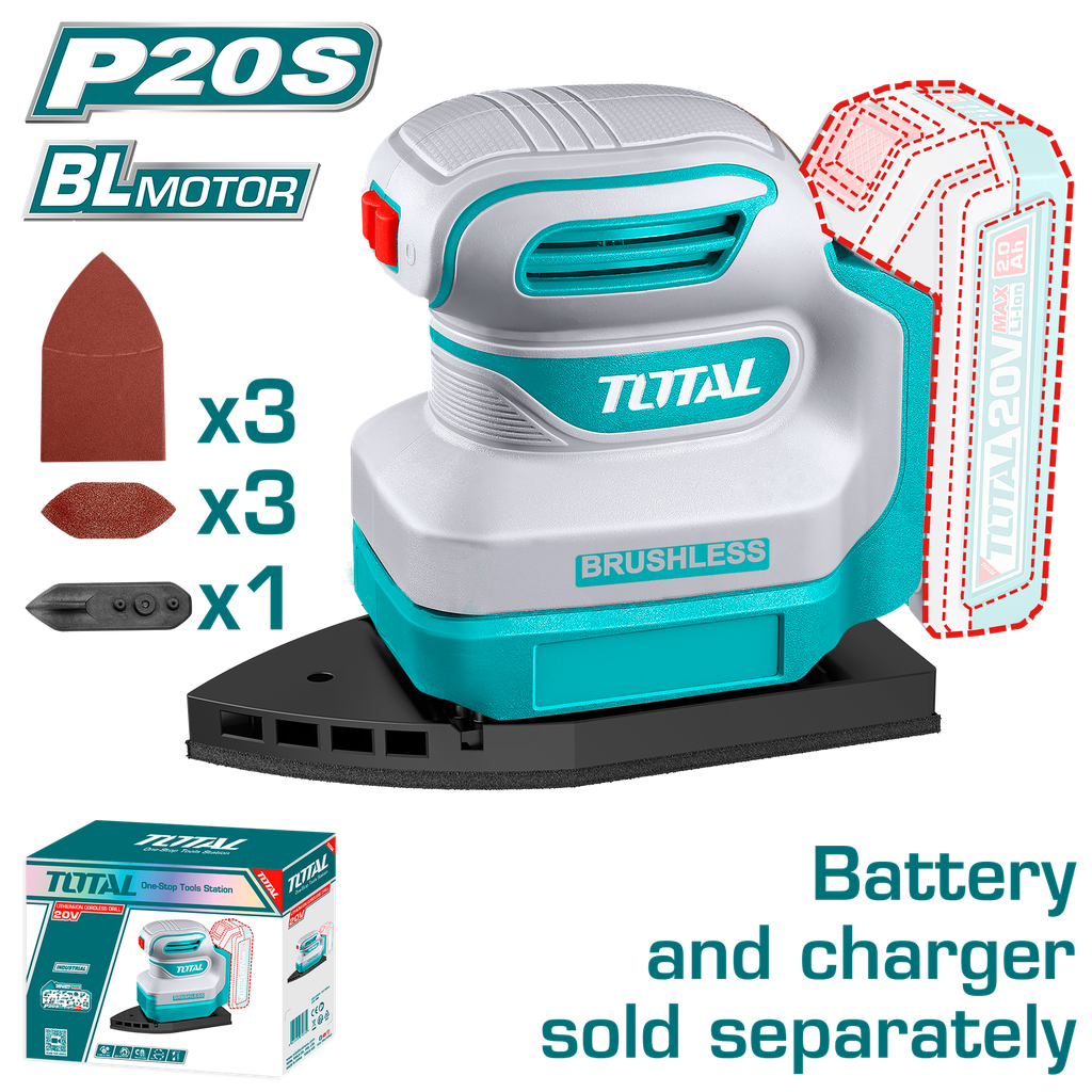 LIJADORA DE PALMA ORBITAL  ROTATIVA   INALAMBRICA 20V 12000 RPM INCLUYE 6 LIJAS  BATERIA Y CARGADOR NO INCLUIDO INDUSTRIAL  SUPER  TOTAL (TPSLI2024)