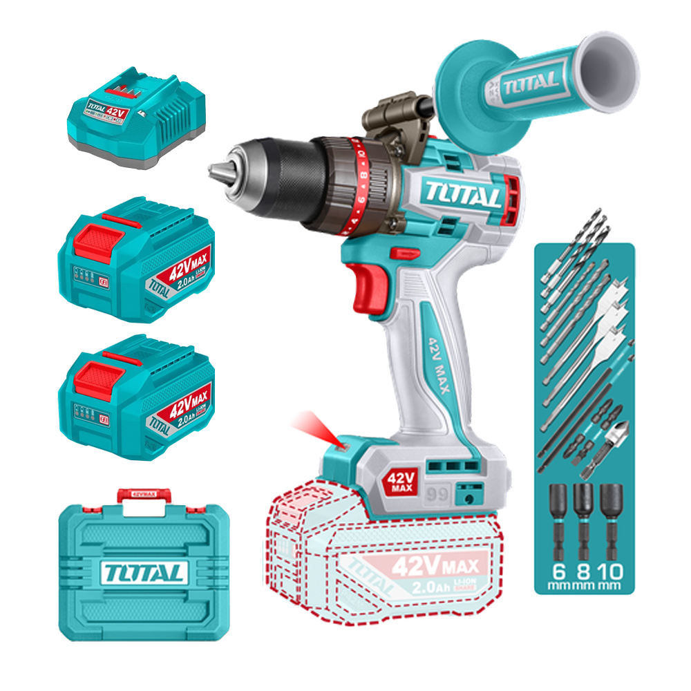 TALADRO INALAMBRICO PERCUTOR 1/2" 99NM 42V CAJA PLASTICA INCLUYE 2  BATERIA  2.0AH, 1 CARGADOR Y ACCESORIOS INDUSTRIAL SUPER TOTAL (UTIDLI429982)