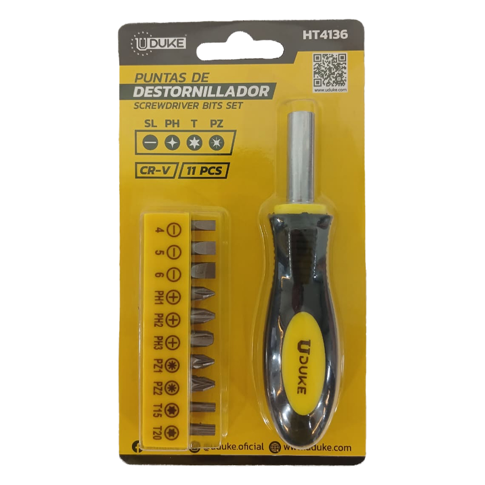 JUEGO DE DESTORNILLADORES PUNTAS INTERCAMBIABLES X 11 PZS PUNTA IMANTADA UDUKE (HT4136)