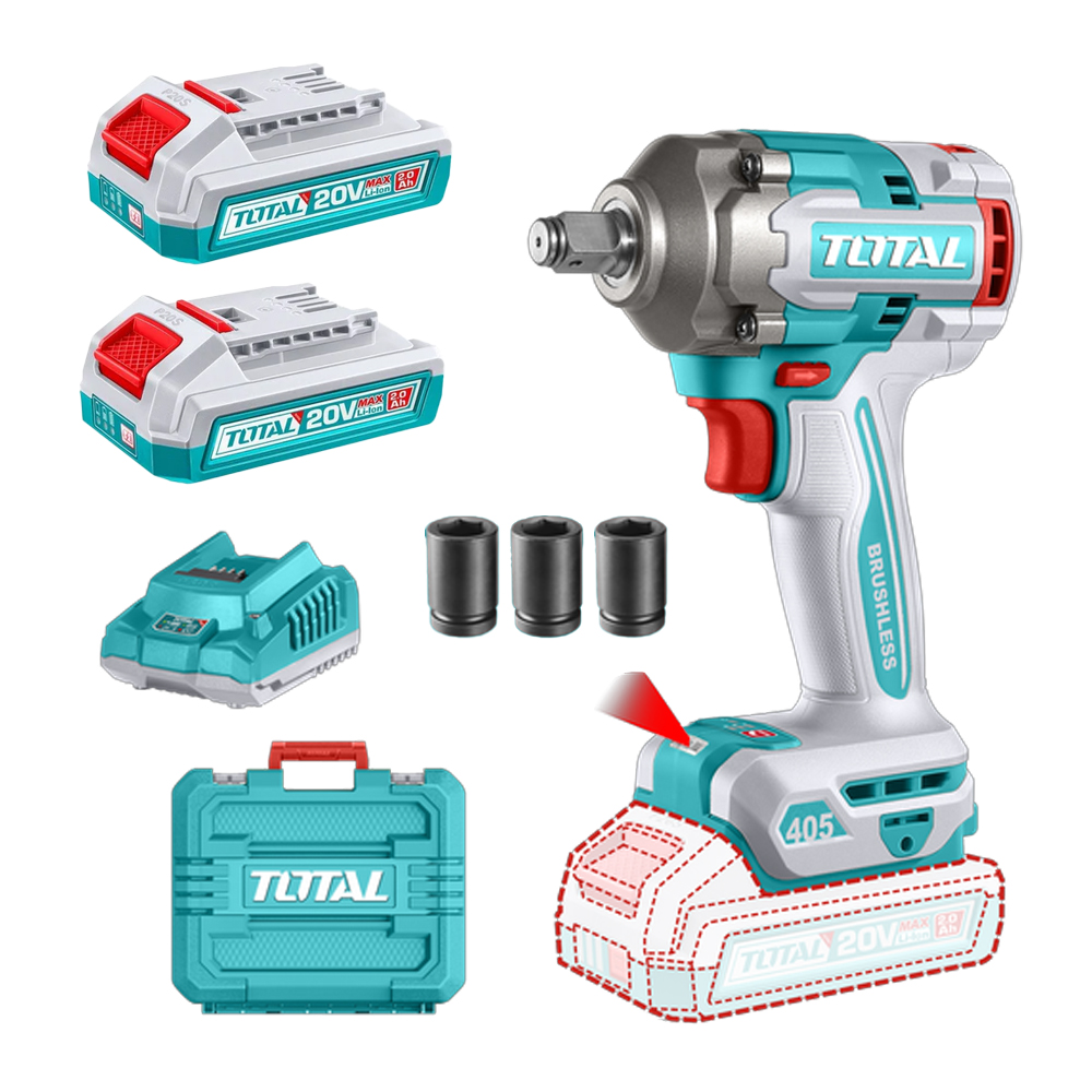 PISTOLA IMPACTO INALAMBRICA 1/2" 20V 405 NM INCLUYE  3 COPAS 17,19,21, 2 BATERIAS 1 CARGADOR INDUSTRIAL SUPER TOTAL (UTIWLI2045)
