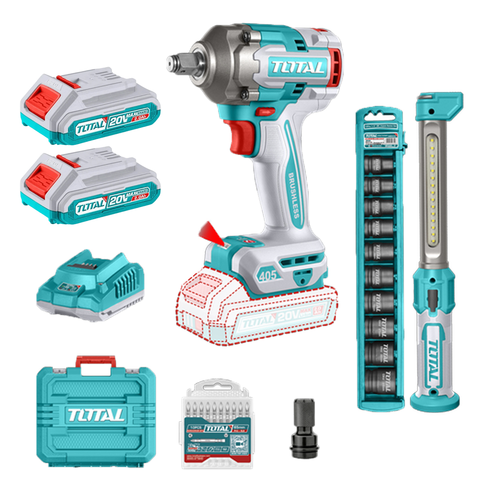 COMBO INALAMBRICO 20V PISTOLA IMPACTO INALAMBRICO 1/2 405NM + LAMPARA DE TRABAJO 300 LUMENES RECARGABLE + 10 COPAS 1/2 (10-24MM)+ ADAPTADOR DE 1/2 A 1/4 + 2 BATERIA 2.0 AH + ACCESORIOS Y SUPER TOTAL (UTOSLI23056)
