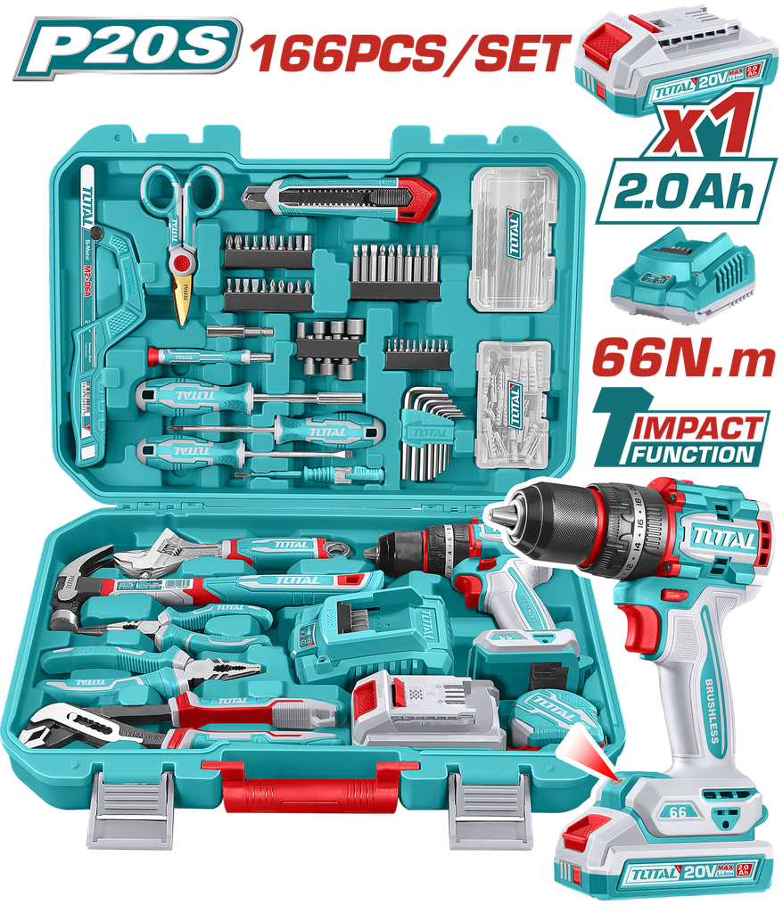 TALADRO PERCUTOR  INALAMBRICO 1/2" 20V 66NM + 1  BATERIA 2.0AH  + CARGADOR + 163 HERRAMIENTAS INDUSTRIAL SUPER TOTAL (UTHKTHP41667)