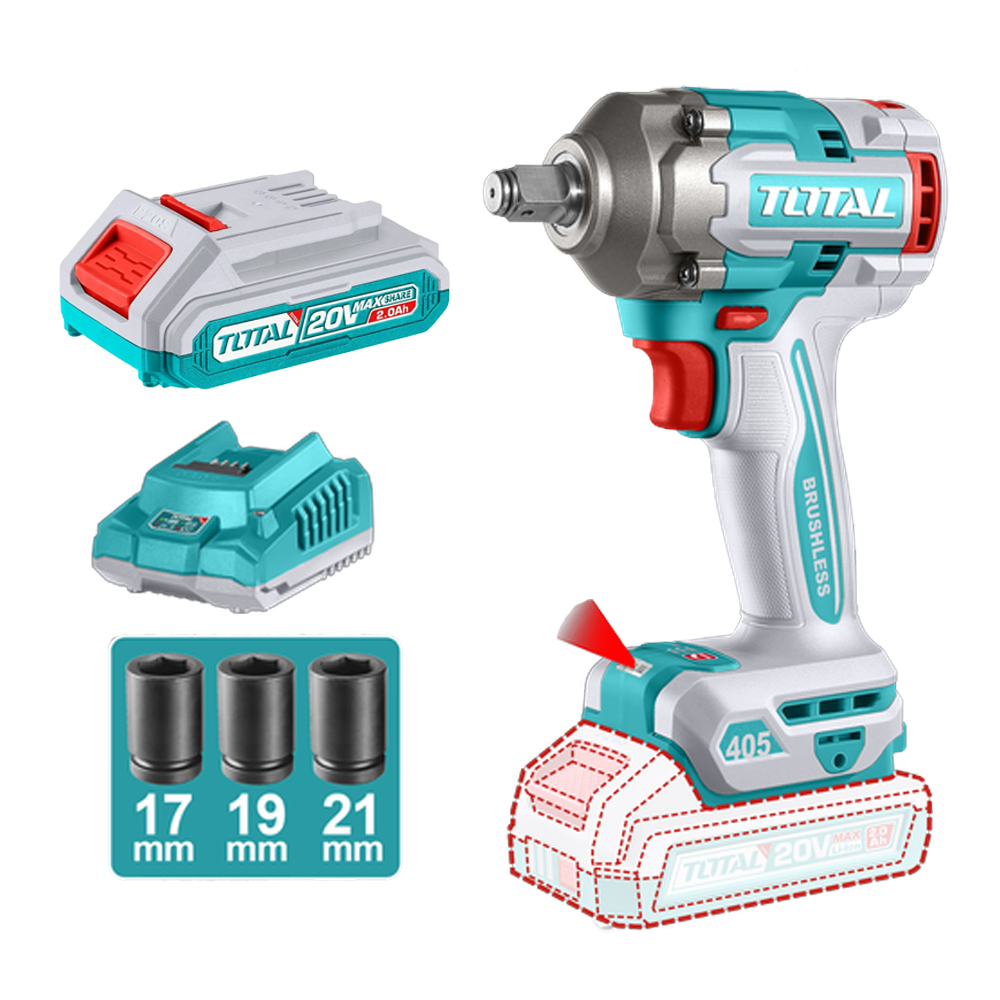 PISTOLA IMPACTO INALAMBRICA 1/2" 20V 405NM CAJA PLASTICA INCLUYE 2 BATERIA 2.0AH , 1 CARGADOR Y ACCESORIOS INDUSTRIAL SUPER TOTAL(UTIWLI20455)