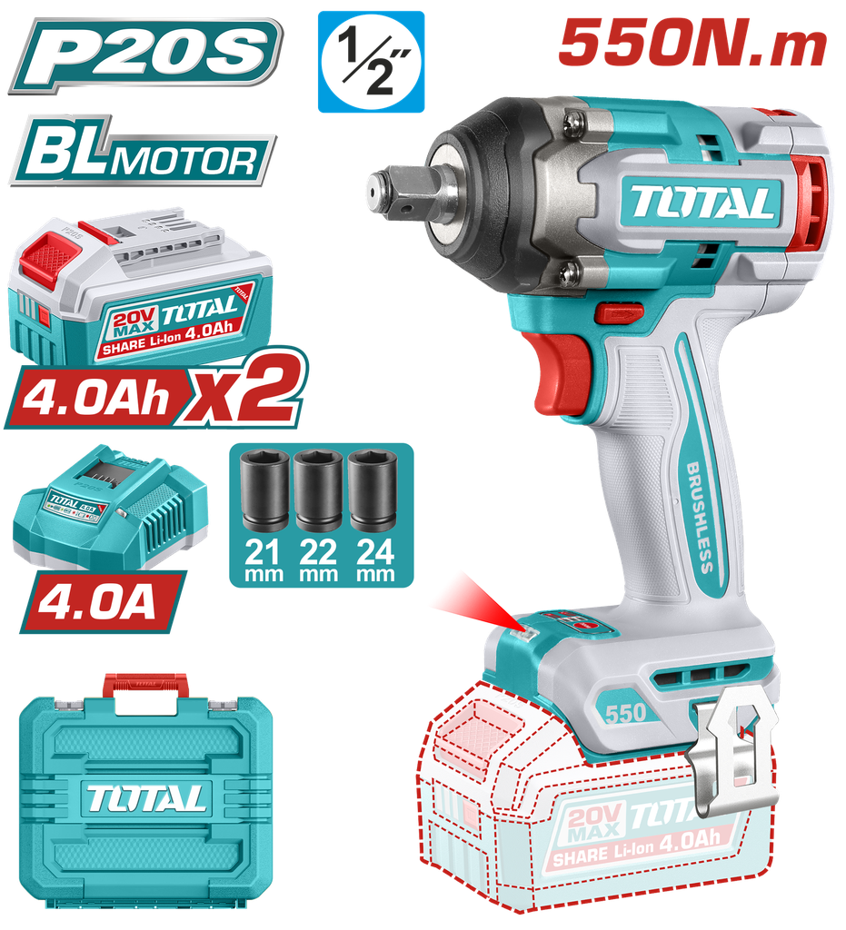 PISTOLA IMPACTO INALAMBRICA 1/2" 20V 550NM CAJA PLASTICA INCLUYE 2 BATERIA 4.0AH , 1 CARGADOR Y ACCESORIOS INDUSTRIAL SUPER TOTAL (UTIWLI2055)