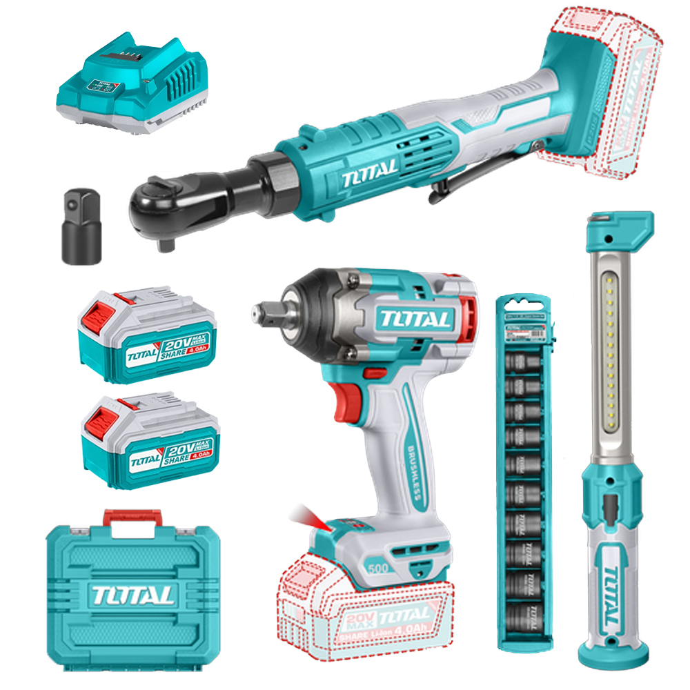 COMBO INALAMBRICO 20V  PISTOLA IMPACTO 1/2 500NM + RACHE 65NM + LAMPARA DE TRABAJO 300 LUMENES +  2 BATERIAS 4.0AH  Y CARGADOR INCLUYE ACCESORIOS INDUSTRIAL SUPER TOTAL (UTOSLI250981) 