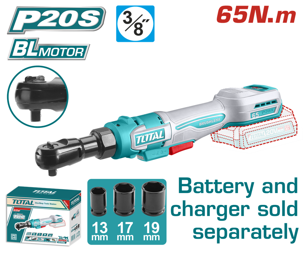 RACHE INALAMBRICO 3/8 20V INCLUYE COPA 13 17 19   BATERIA Y CARGADOR NO INCLUIDO SUPER TOTAL (TDRLI206521)