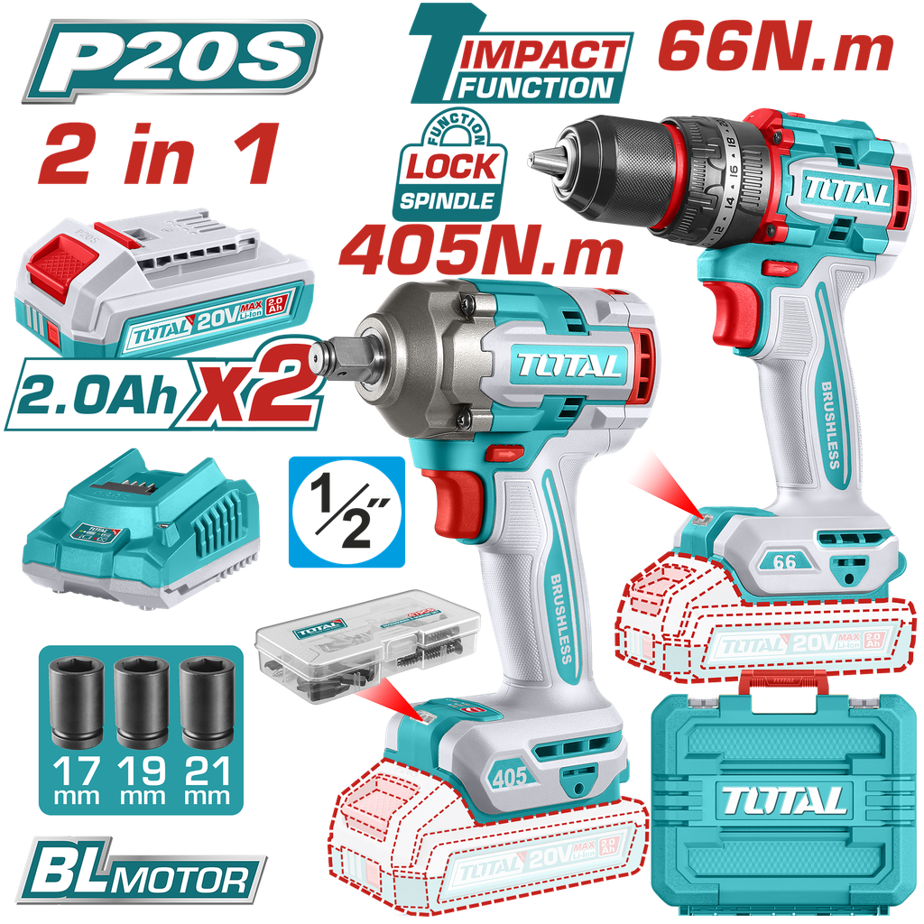 COMBO INALAMBRICO TALADRO 1/2" 66 N.M + PISTOLA IMPACTO 1/2" 20V 405 N.M  INCLUYE 2 BATERIAS 2.0AH , 1 CARGADOR Y ACCESORIOS SUPER TOTAL (UTCKLI20286)